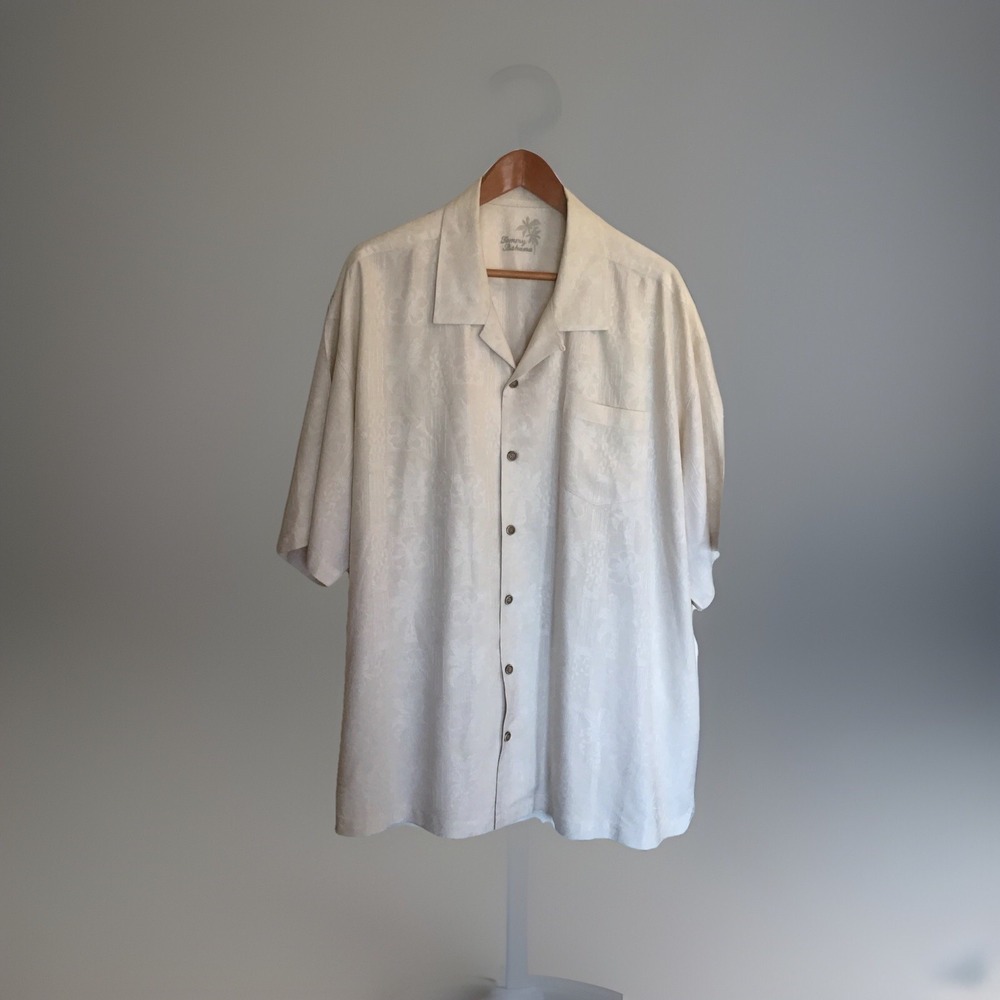 TOMMY BAHAMA Mens Size 2XL 100% Silk Hawaiian Shirt Beige Subtle Fronds Leaves